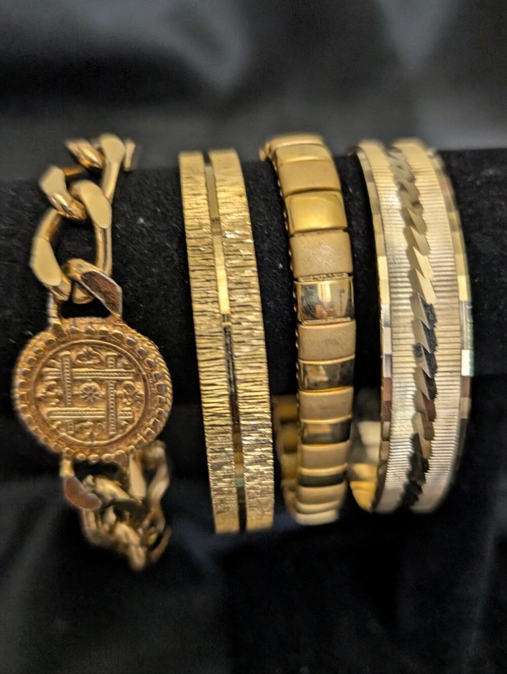 #55.  Rich Girl's Stack (4) Napier,2 Bangles & Coin Link Bracelets